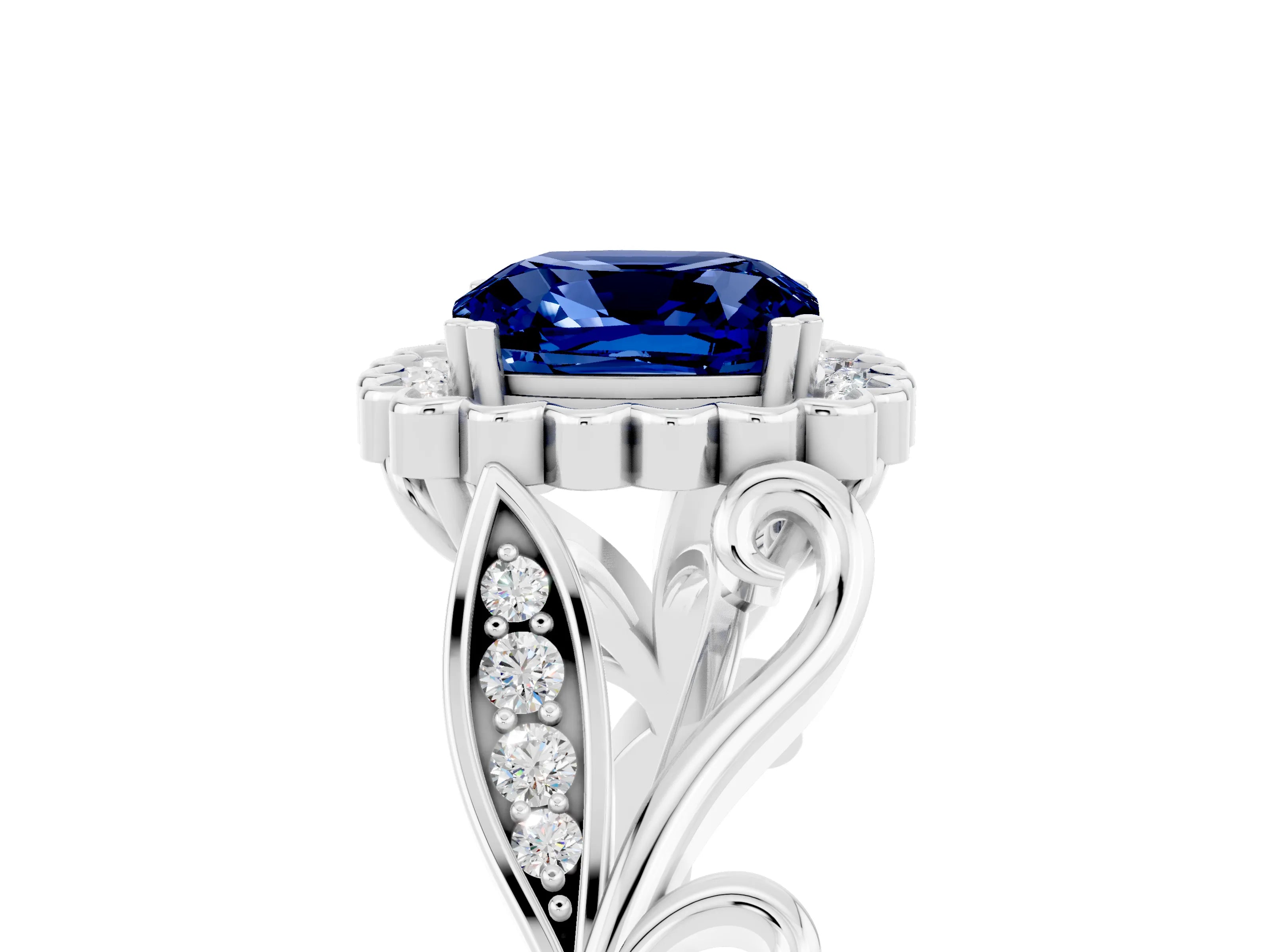White gold Cushion Cut Blue Sapphire Halo Ring with Vintage Split Shank and Four-Prong Setting_29
