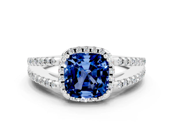 Platinum Cushion Cut Blue Sapphire Halo Split Shank Engagement Ring
