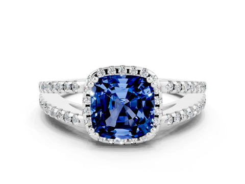 White gold Cushion Cut Blue Sapphire Halo Split Shank Engagement Ring_12