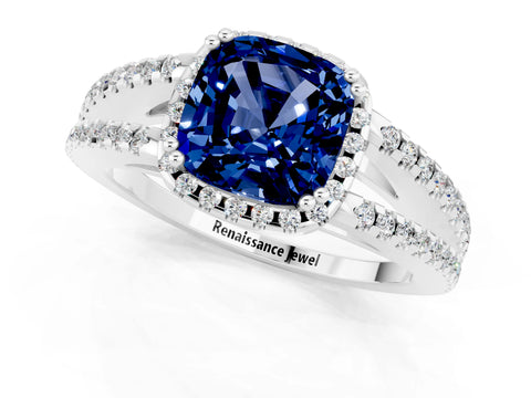 White gold Cushion Cut Blue Sapphire Halo Split Shank Engagement Ring_13