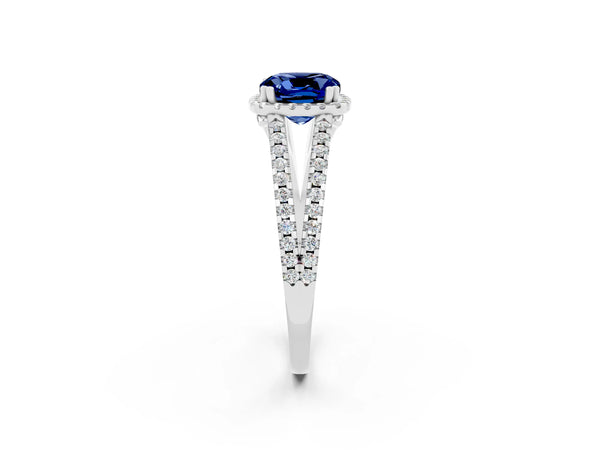 White gold Cushion Cut Blue Sapphire Halo Split Shank Engagement Ring