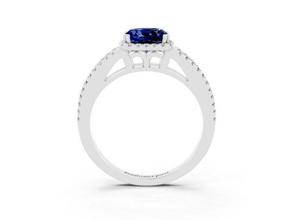 Silver Cushion Cut Blue Sapphire Halo Split Shank Engagement Ring