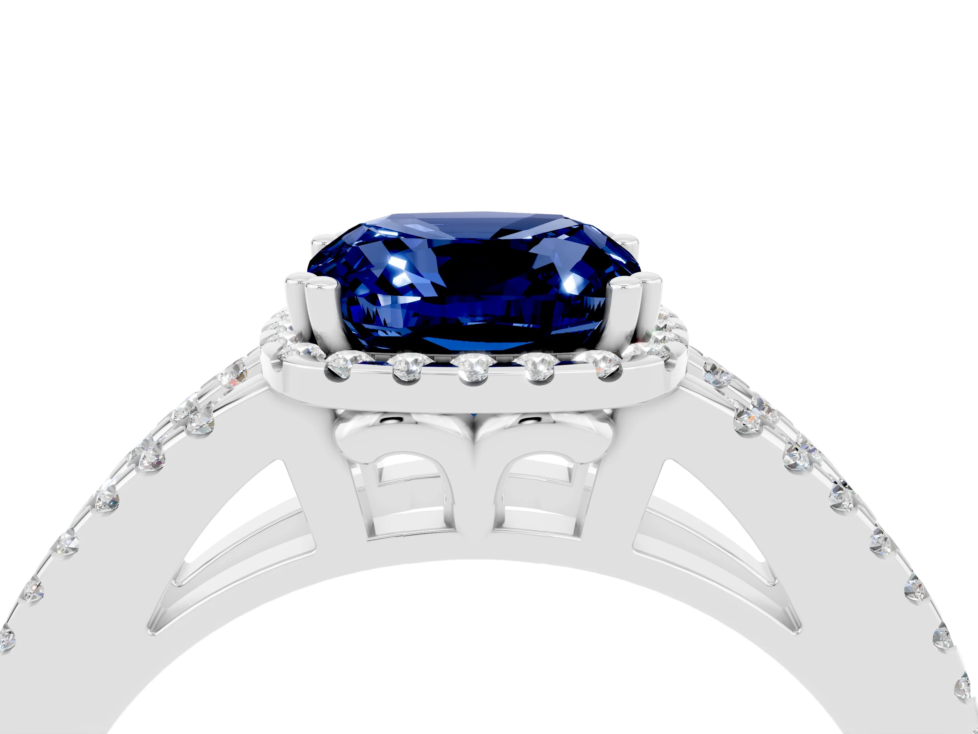 White gold Cushion Cut Blue Sapphire Halo Split Shank Engagement Ring_16