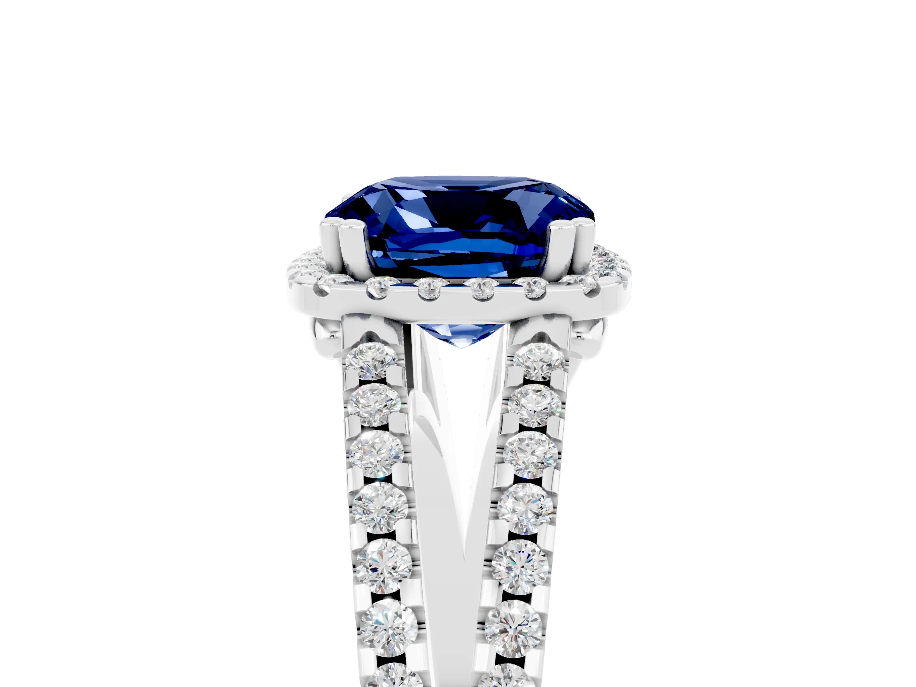 White gold Cushion Cut Blue Sapphire Halo Split Shank Engagement Ring_17