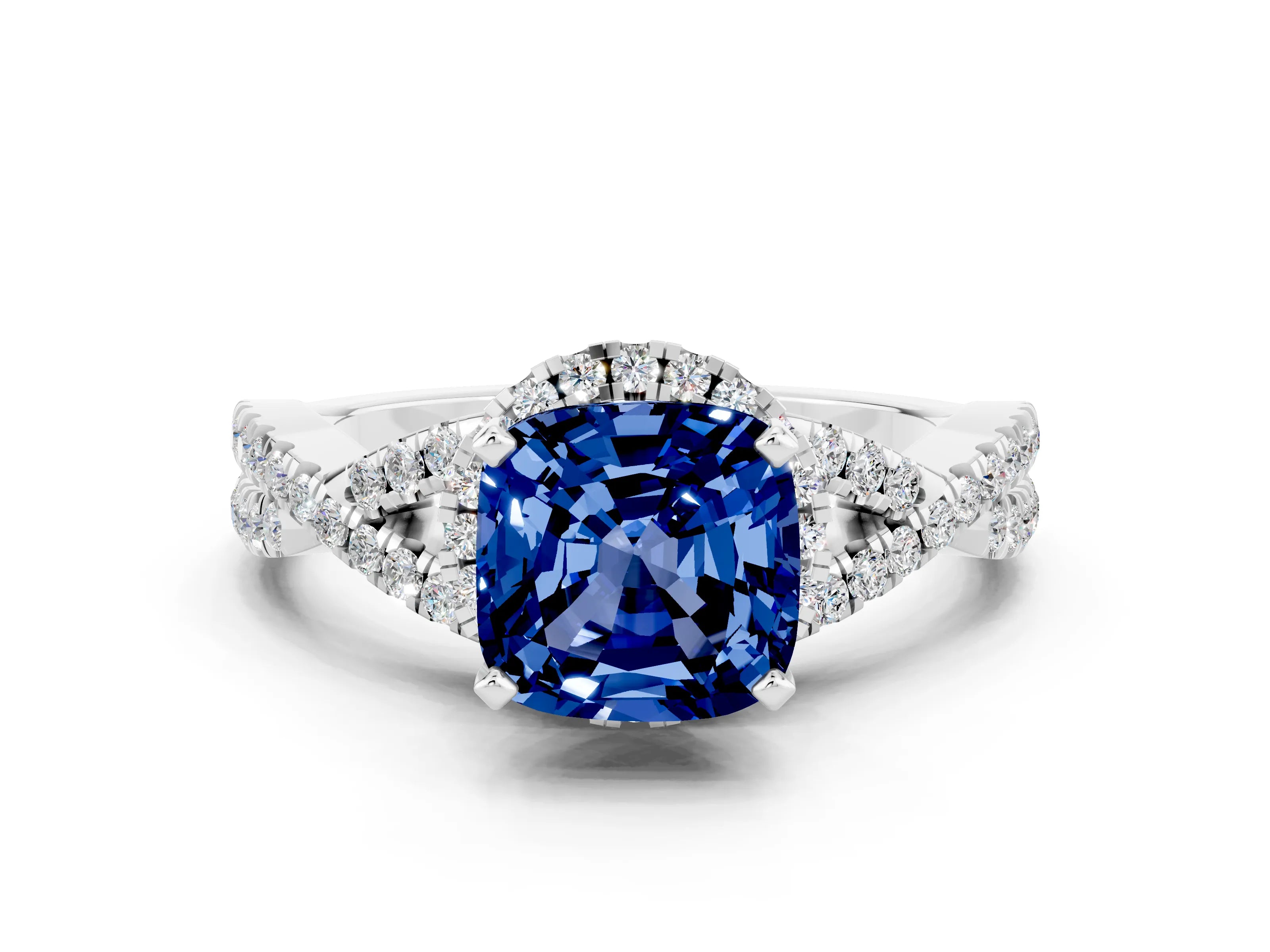 White gold Cushion Cut Blue Sapphire Halo Twist Band Solitaire Prong Setting Ring