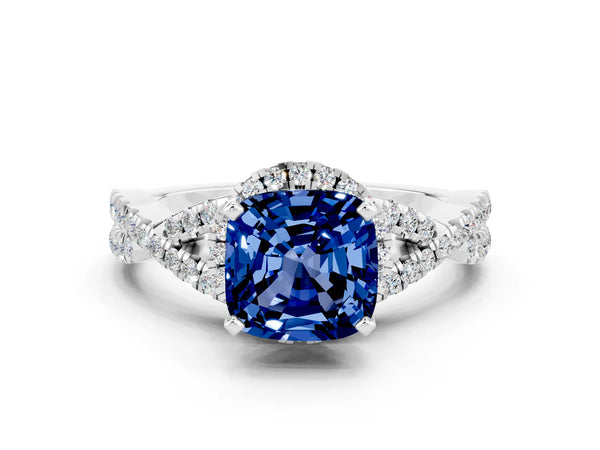 White gold Cushion Cut Blue Sapphire  Halo Twist Band Solitaire Prong Setting Ring