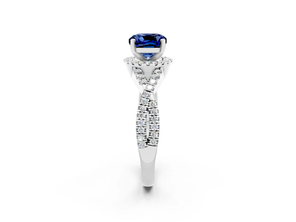 Silver Cushion Cut Blue Sapphire  Halo Twist Band Solitaire Prong Setting Ring