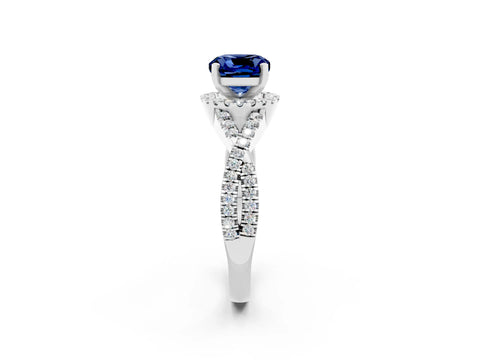 White gold Cushion Cut Blue Sapphire Halo Twist Band Solitaire Prong Setting Ring_2
