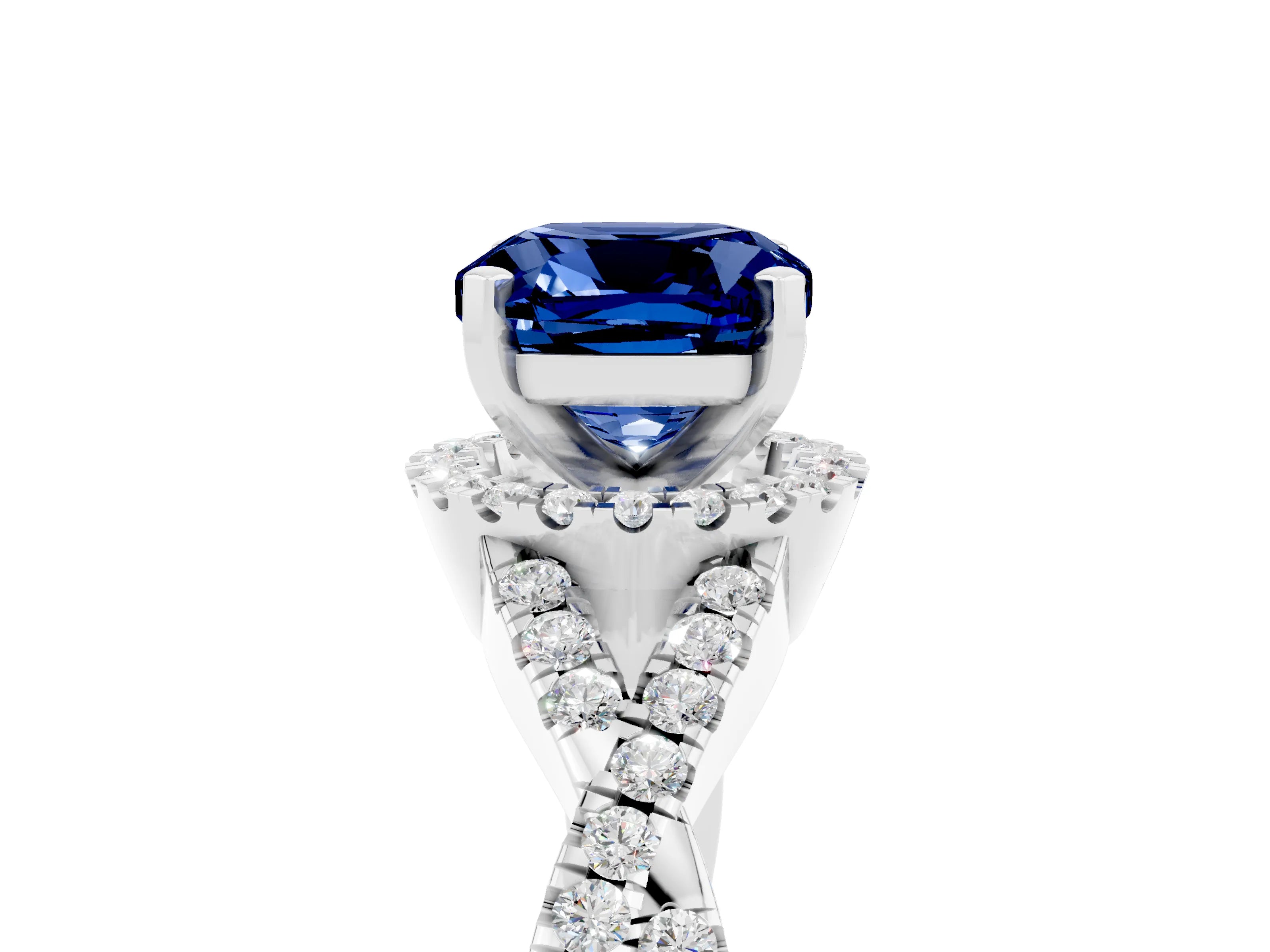 White gold Cushion Cut Blue Sapphire Halo Twist Band Solitaire Prong Setting Ring_5