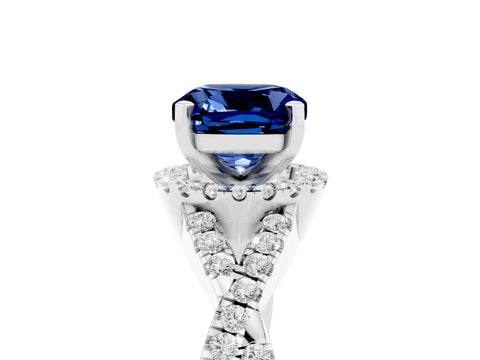 White gold Cushion Cut Blue Sapphire Halo Twist Band Solitaire Prong Setting Ring_5