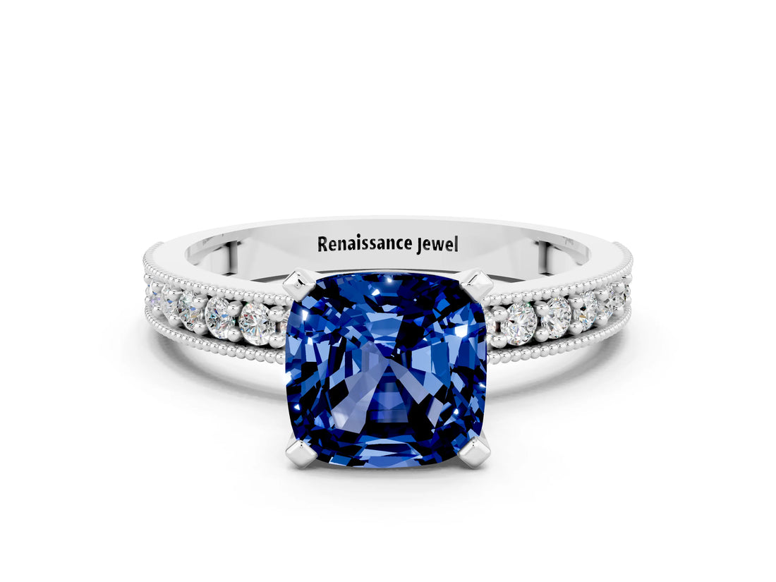 White gold Cushion Cut Blue Sapphire Milgrain Pavé Engagement Ring with Four-Prong Setting_12