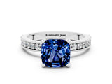 White gold Cushion Cut Blue Sapphire Milgrain Pavé Engagement Ring with Four-Prong Setting_12