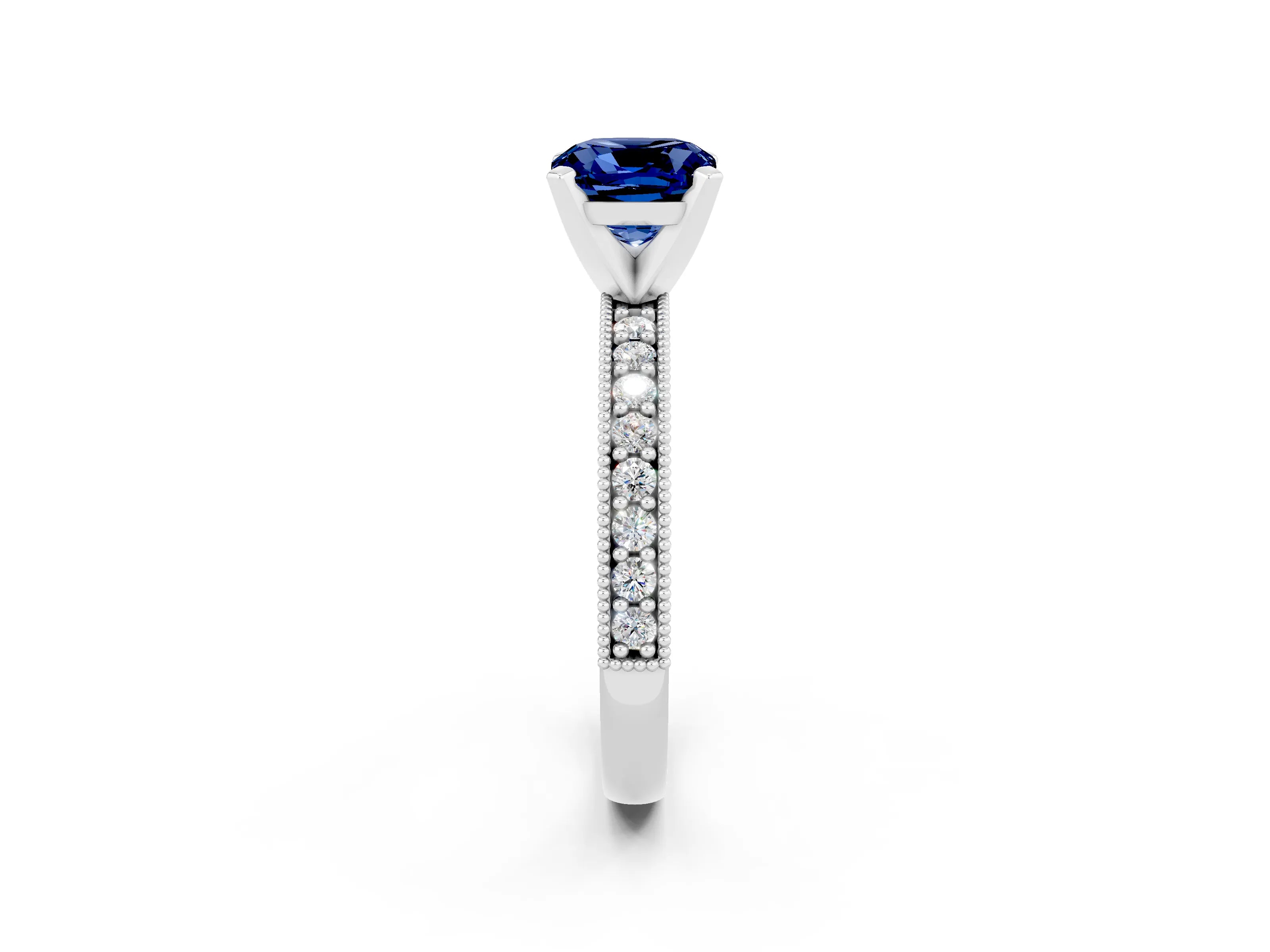 White gold Cushion Cut Blue Sapphire Milgrain Pavé Engagement Ring with Four-Prong Setting_14