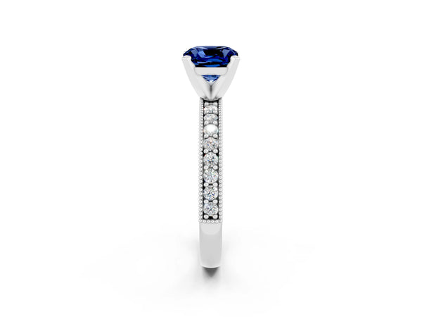White gold Cushion Cut Blue Sapphire Milgrain Pavé Engagement Ring with Four-Prong Setting