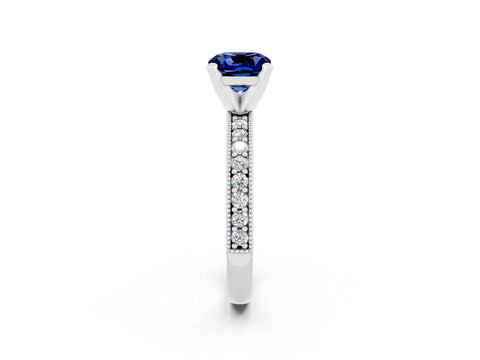 White gold Cushion Cut Blue Sapphire Milgrain Pavé Engagement Ring with Four-Prong Setting_14