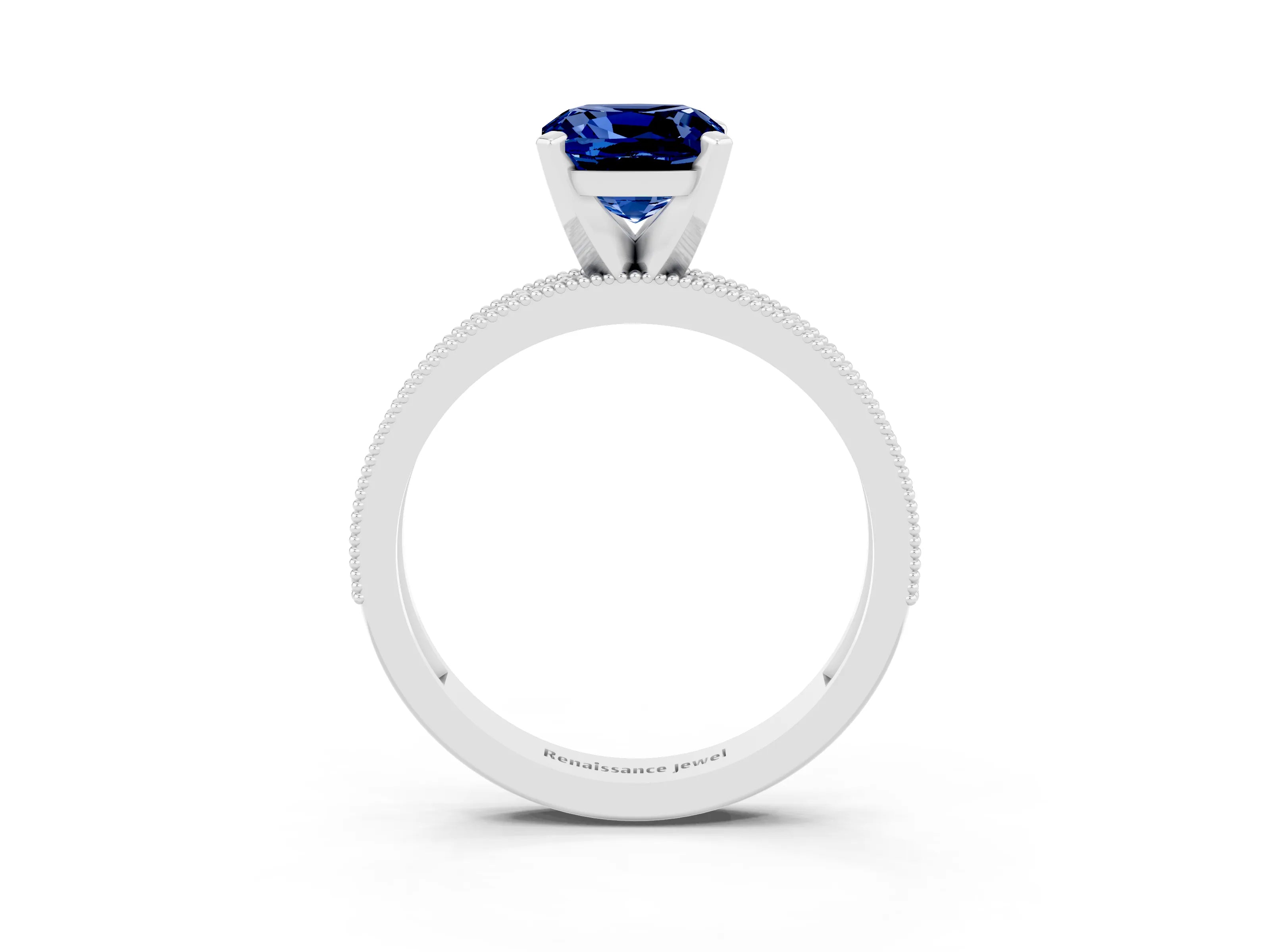 White gold Cushion Cut Blue Sapphire Milgrain Pavé Engagement Ring with Four-Prong Setting_15
