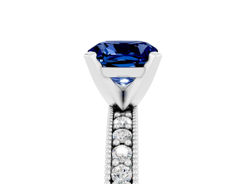 White gold Cushion Cut Blue Sapphire Milgrain Pavé Engagement Ring with Four-Prong Setting_17