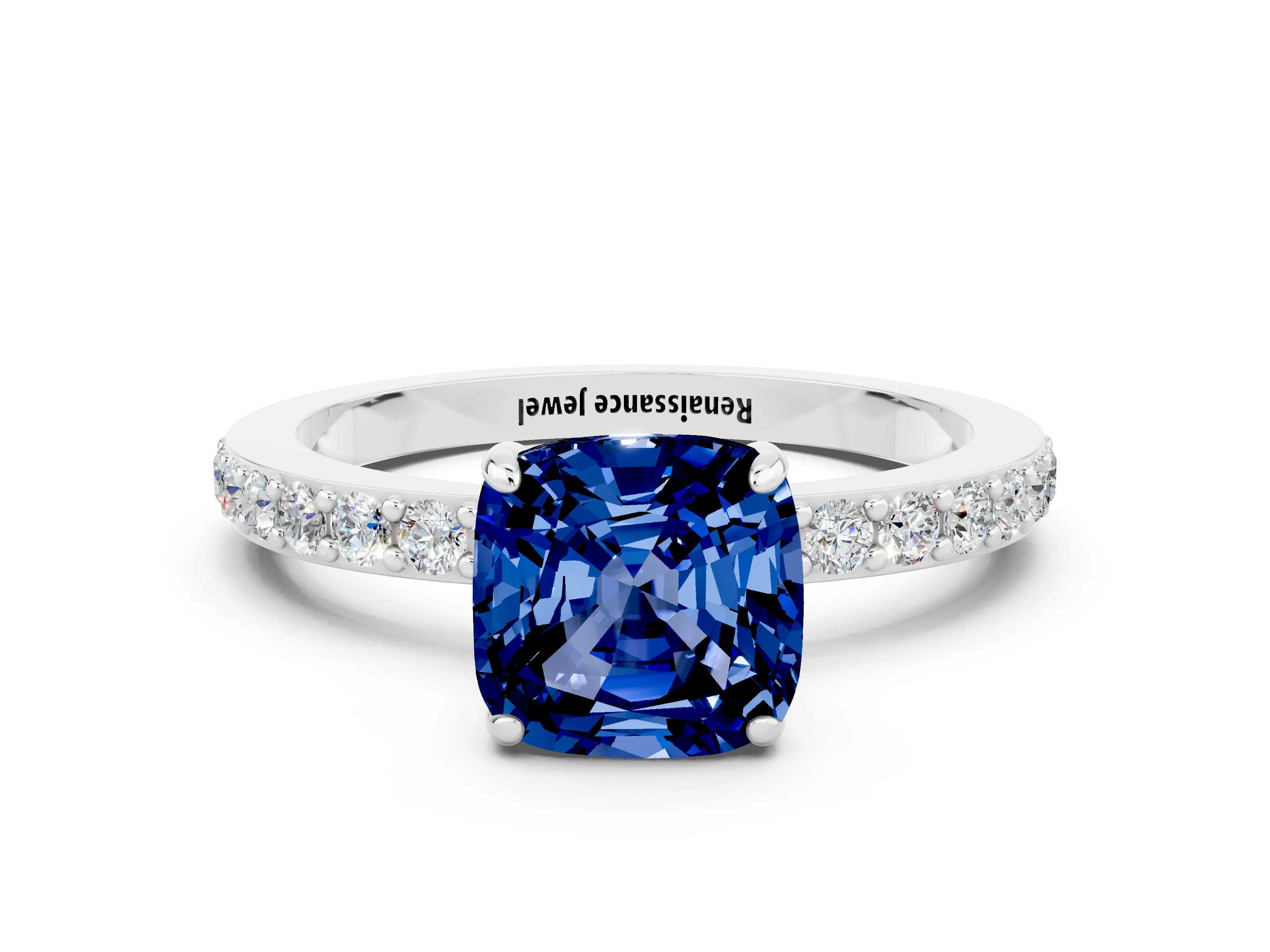 White gold Cushion Cut Blue Sapphire Pavé Engagement Ring with Round  Accents and Prong Setting_24