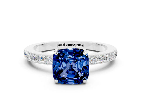 White gold Cushion Cut Blue Sapphire Pavé Engagement Ring with Round  Accents and Prong Setting_24
