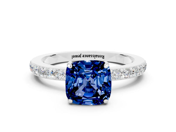 White gold Cushion Cut Blue Sapphire Pavé Engagement Ring with Round  Accents and Prong Setting