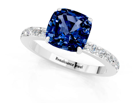 White gold Cushion Cut Blue Sapphire Pavé Engagement Ring with Round  Accents and Prong Setting_25