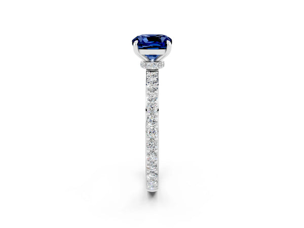 Silver Cushion Cut Blue Sapphire Pavé Engagement Ring with Round  Accents and Prong Setting