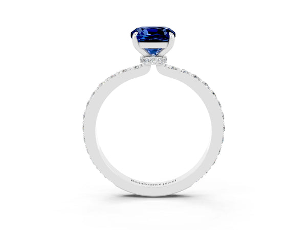 Platinum Cushion Cut Blue Sapphire Pavé Engagement Ring with Round  Accents and Prong Setting