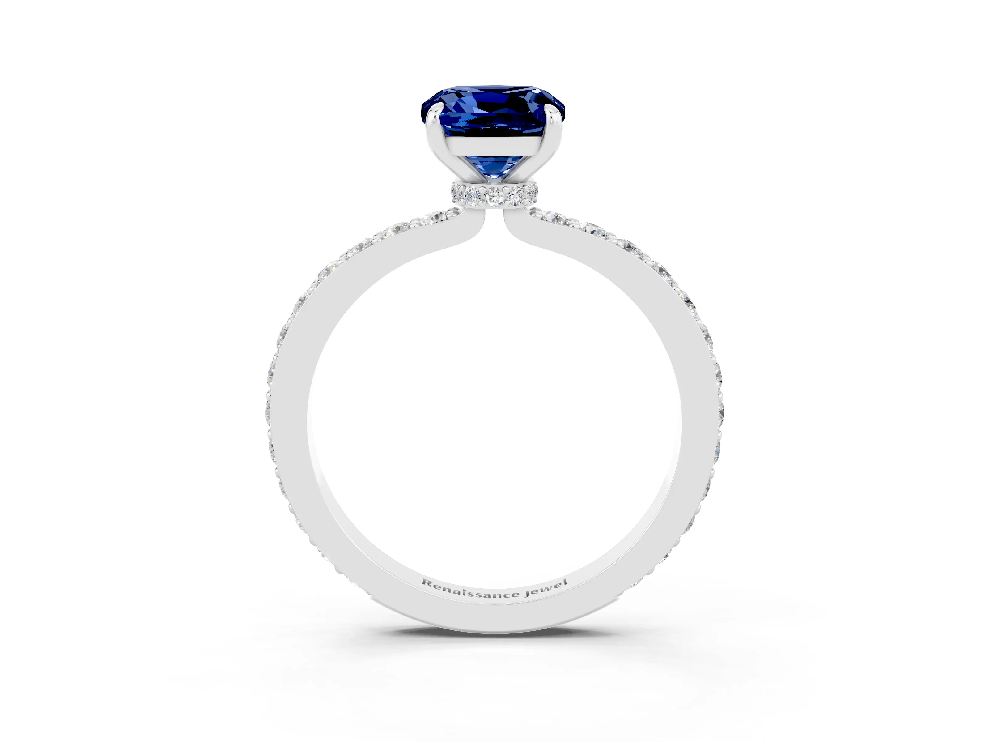 White gold Cushion Cut Blue Sapphire Pavé Engagement Ring with Round  Accents and Prong Setting_27