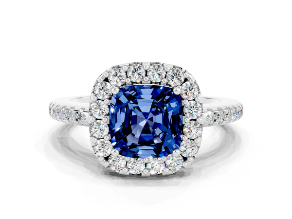 White gold Cushion Cut Blue Sapphire Pavé Halo Ring with Four-Prong Setting