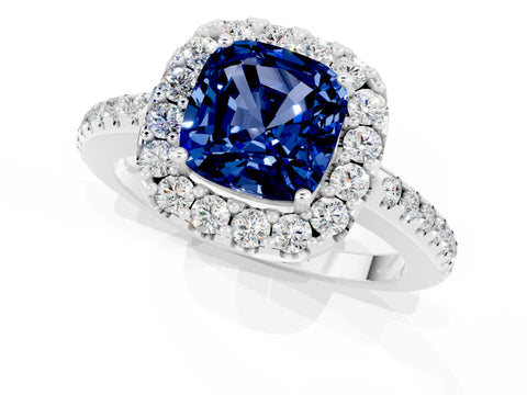 White gold Cushion Cut Blue Sapphire Pavé Halo Ring with Four-Prong Setting_13