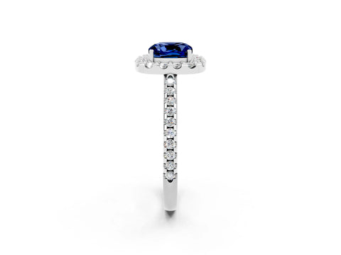 White gold Cushion Cut Blue Sapphire Pavé Halo Ring with Four-Prong Setting_14