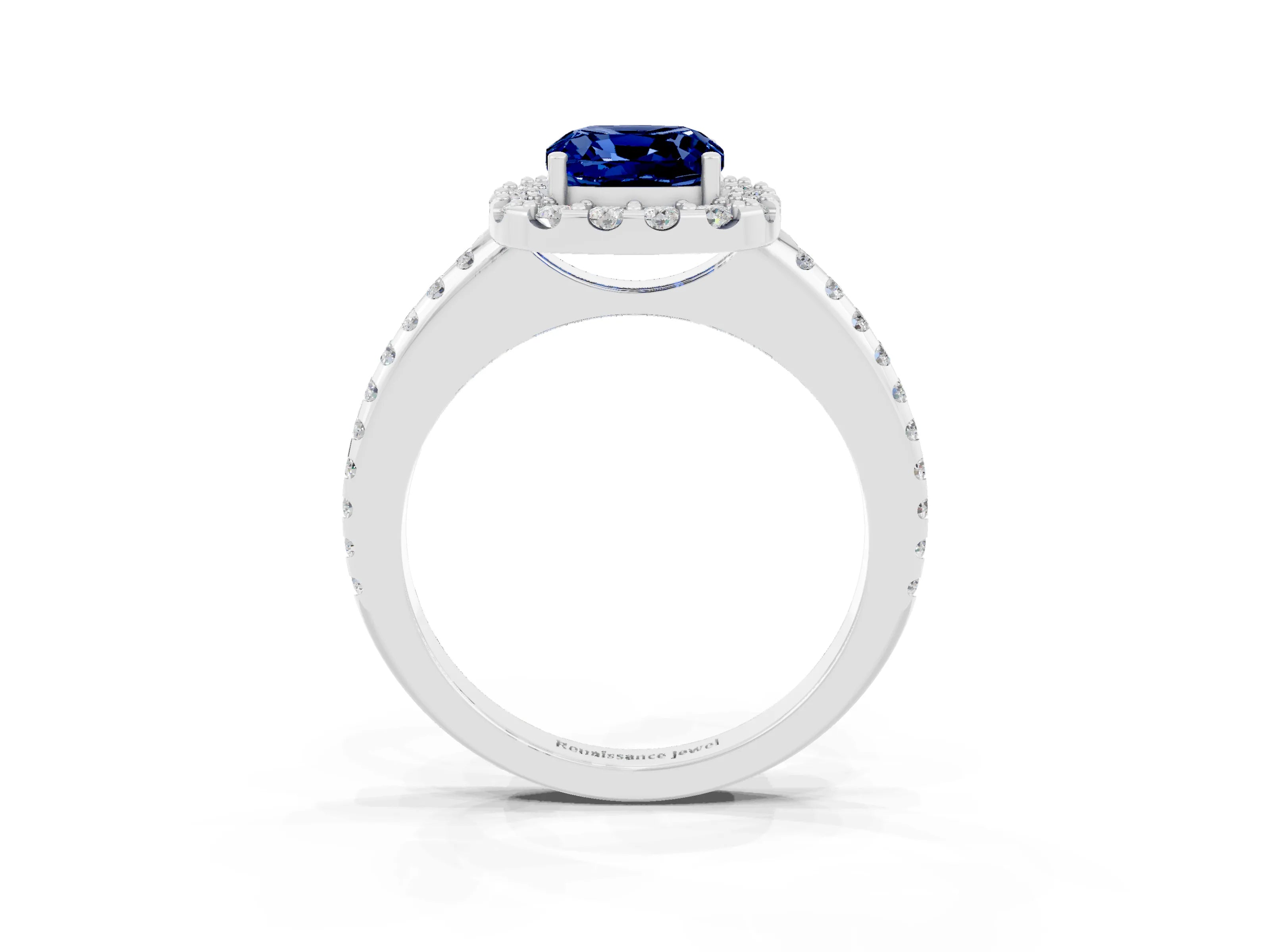 White gold Cushion Cut Blue Sapphire Pavé Halo Ring with Four-Prong Setting_15