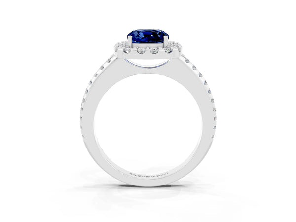 Silver Cushion Cut Blue Sapphire Pavé Halo Ring with Four-Prong Setting