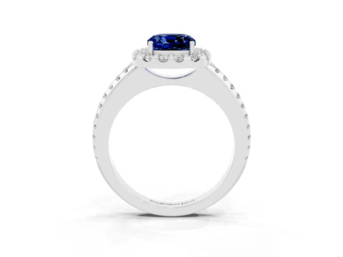 White gold Cushion Cut Blue Sapphire Pavé Halo Ring with Four-Prong Setting_15