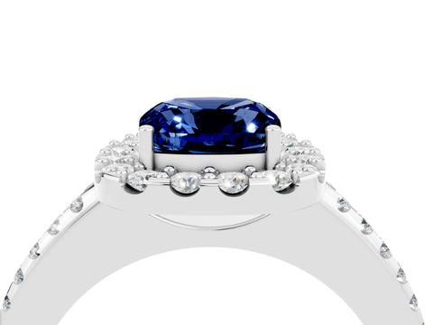 White gold Cushion Cut Blue Sapphire Pavé Halo Ring with Four-Prong Setting_16