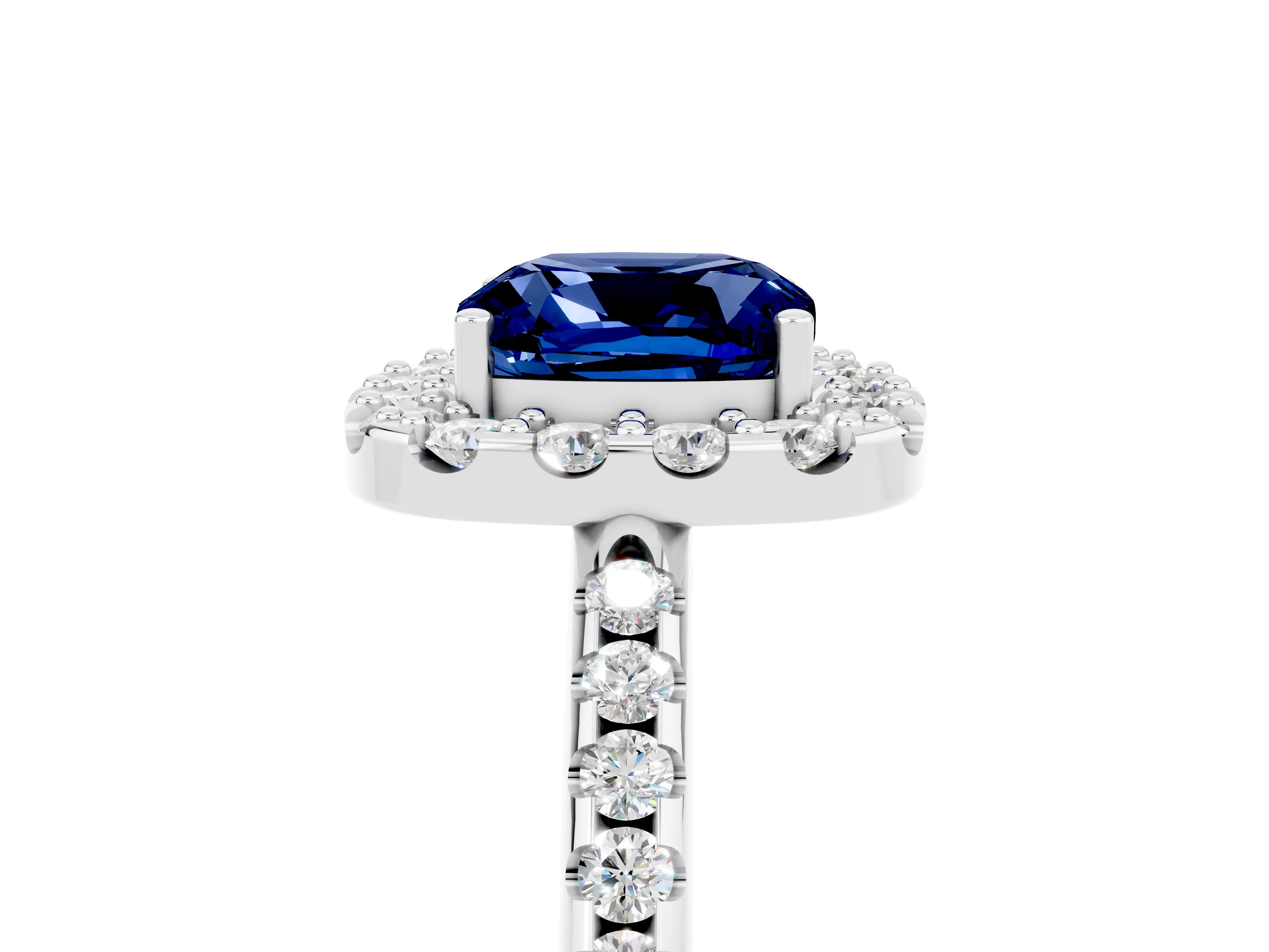 White gold Cushion Cut Blue Sapphire Pavé Halo Ring with Four-Prong Setting_17