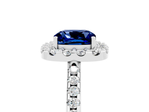 White gold Cushion Cut Blue Sapphire Pavé Halo Ring with Four-Prong Setting_17