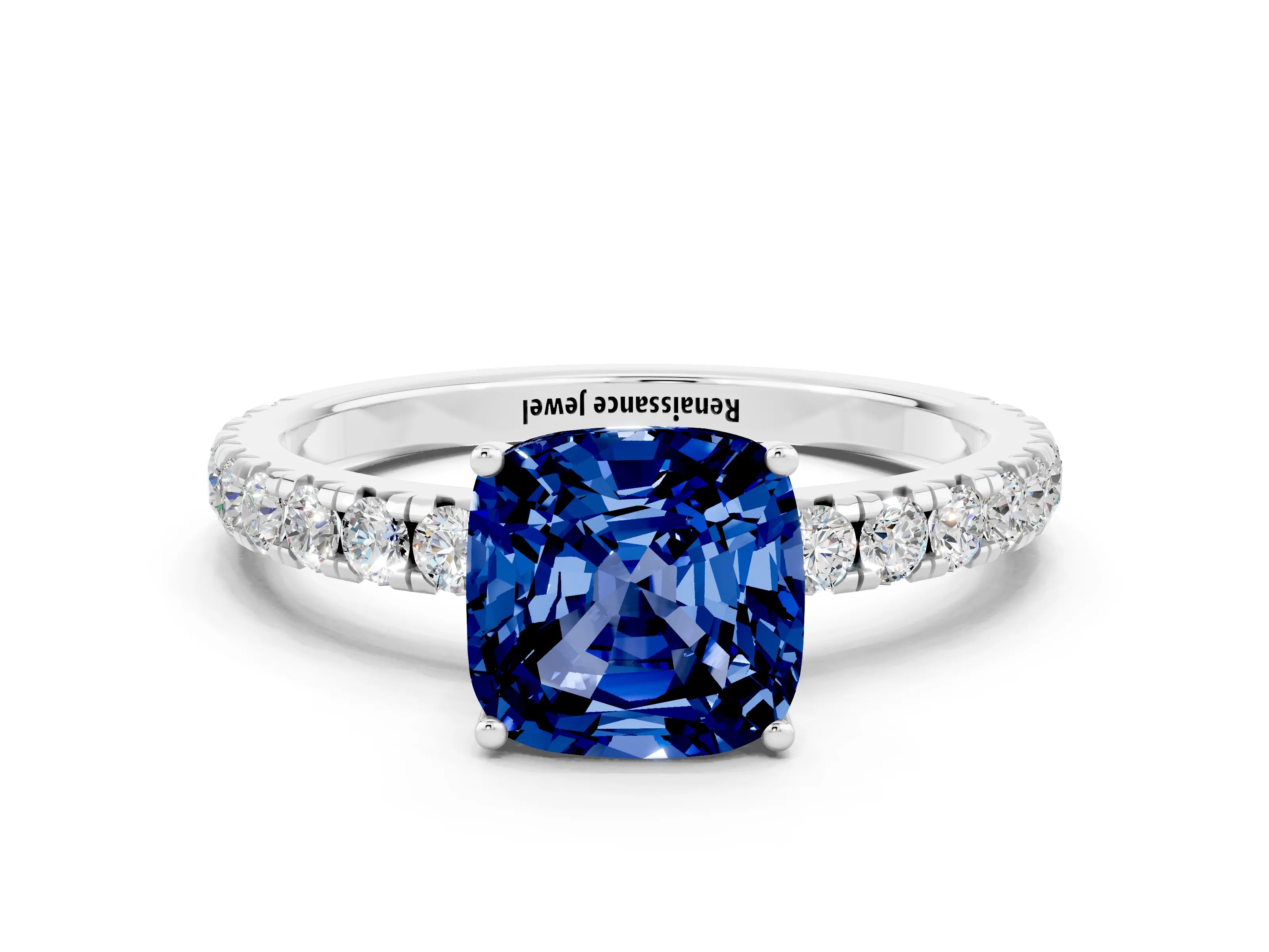 White gold Cushion Cut Blue Sapphire Pavé Solitaire Engagement Ring with Four-Prong Setting_12