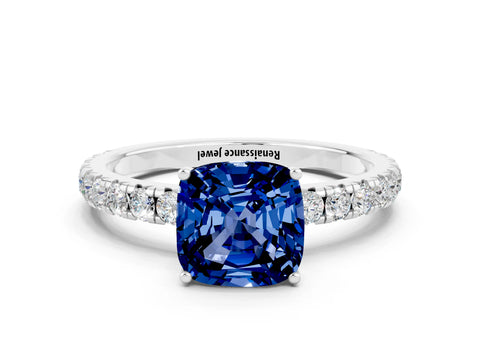 White gold Cushion Cut Blue Sapphire Pavé Solitaire Engagement Ring with Four-Prong Setting_12