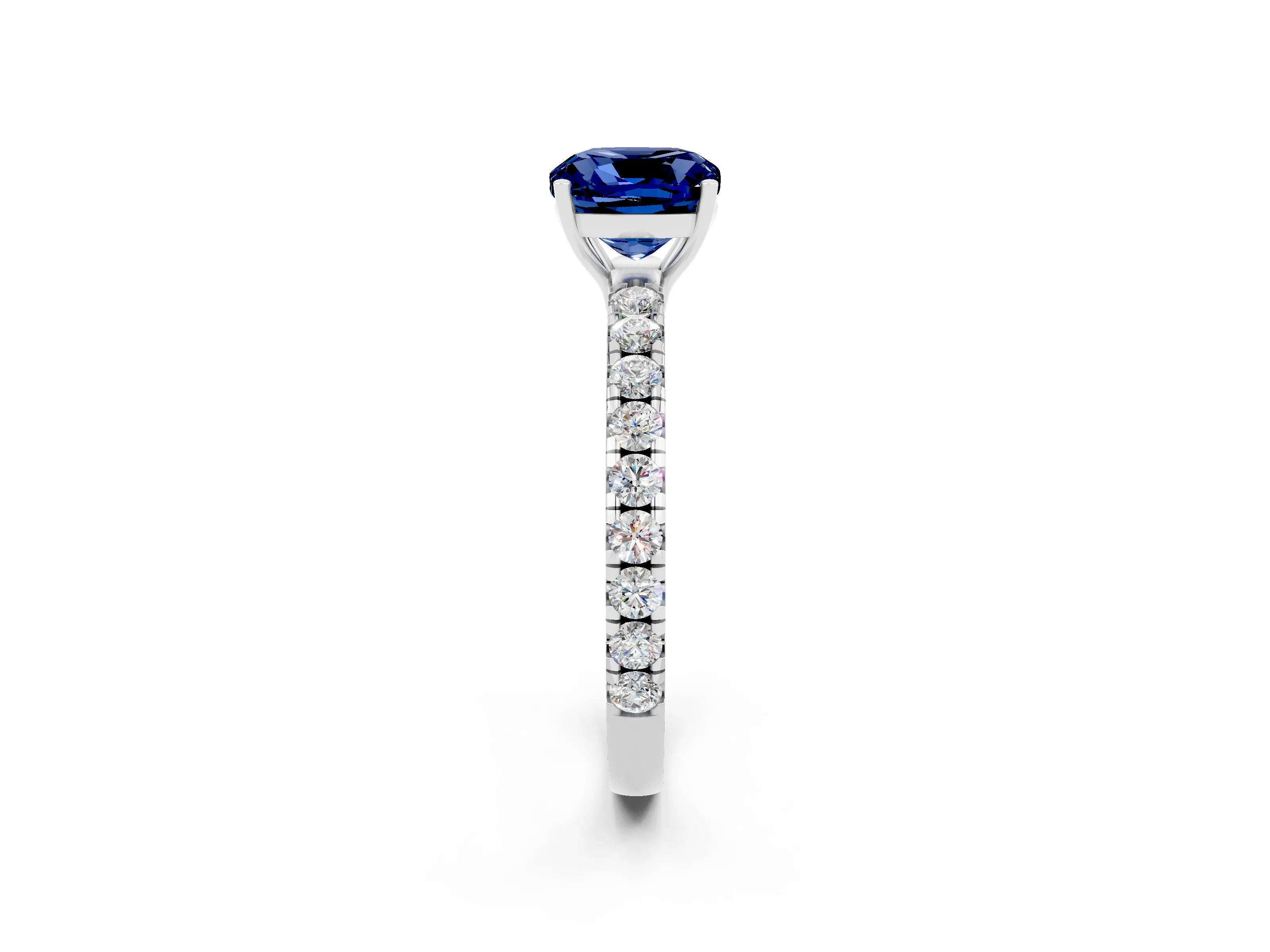 White gold Cushion Cut Blue Sapphire Pavé Solitaire Engagement Ring with Four-Prong Setting_14