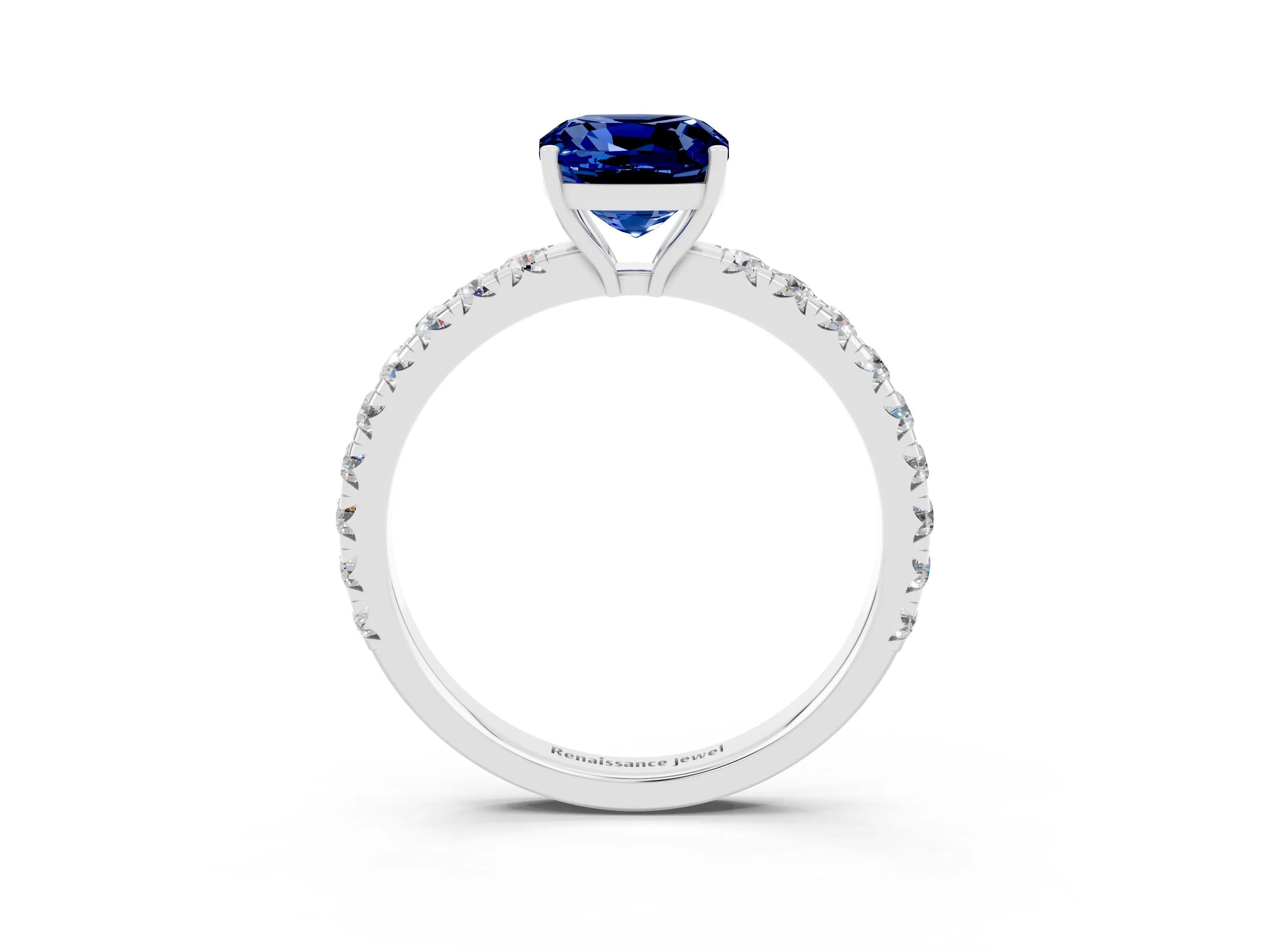 White gold Cushion Cut Blue Sapphire Pavé Solitaire Engagement Ring with Four-Prong Setting_15
