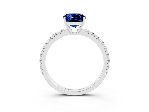 Silver Cushion Cut Blue Sapphire Pavé Solitaire Engagement Ring with Four-Prong Setting