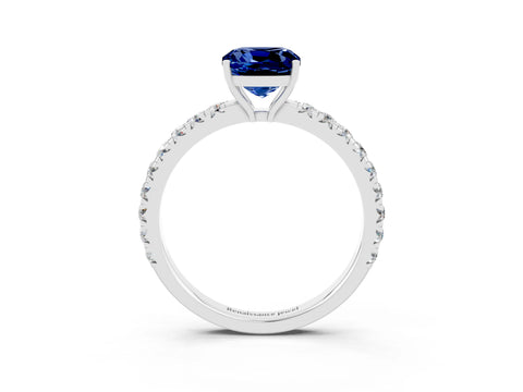 White gold Cushion Cut Blue Sapphire Pavé Solitaire Engagement Ring with Four-Prong Setting_15