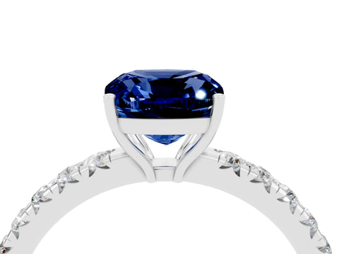 White gold Cushion Cut Blue Sapphire Pavé Solitaire Engagement Ring with Four-Prong Setting_16