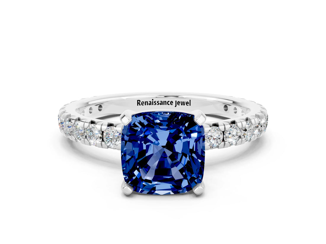 White gold Cushion Cut Blue Sapphire Pavé Solitaire Ring with Round Band and Prong Setting_36