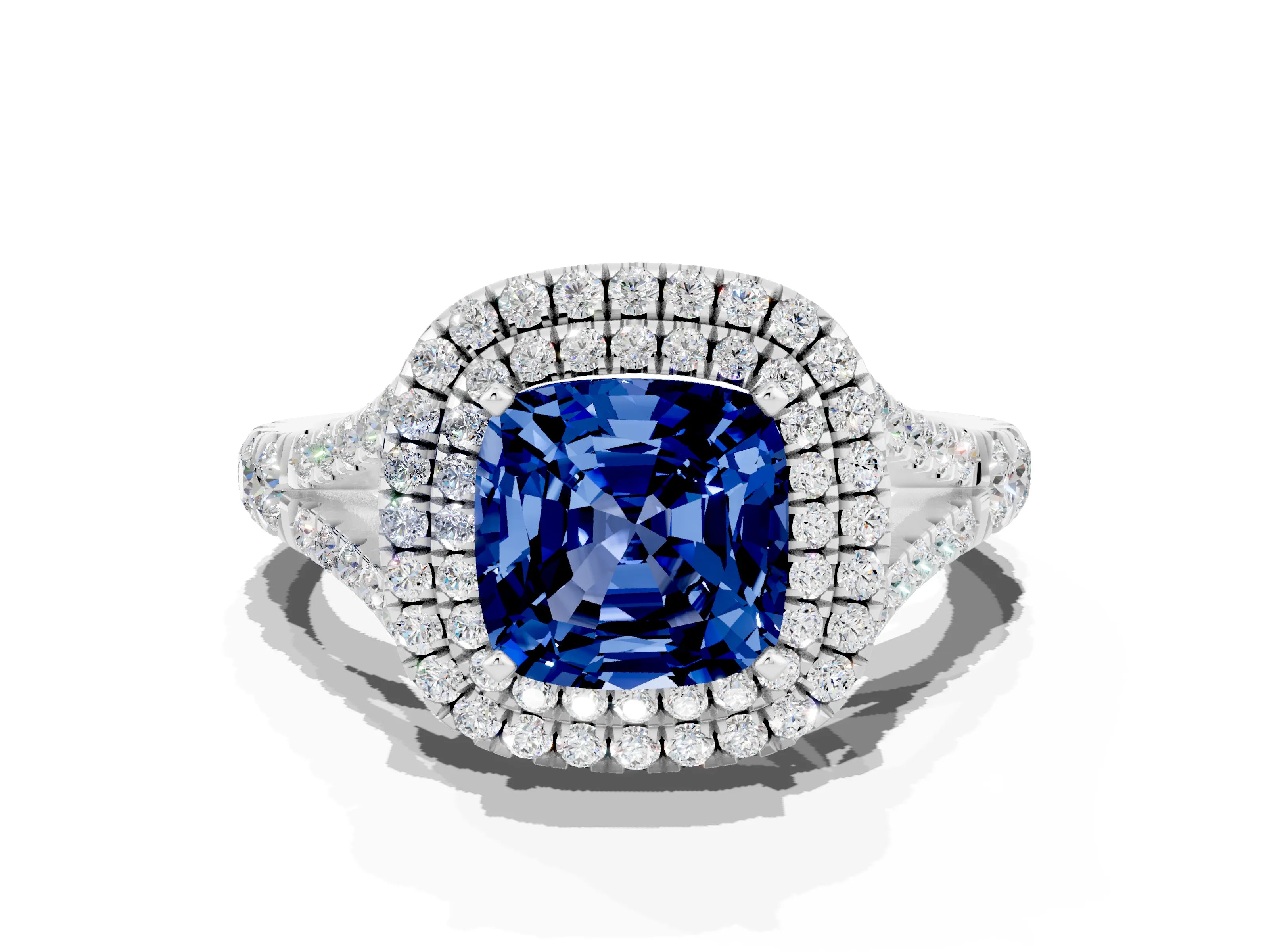 White gold Cushion Cut Blue Sapphire Pavé Split Shank Double Halo Engagement Ring