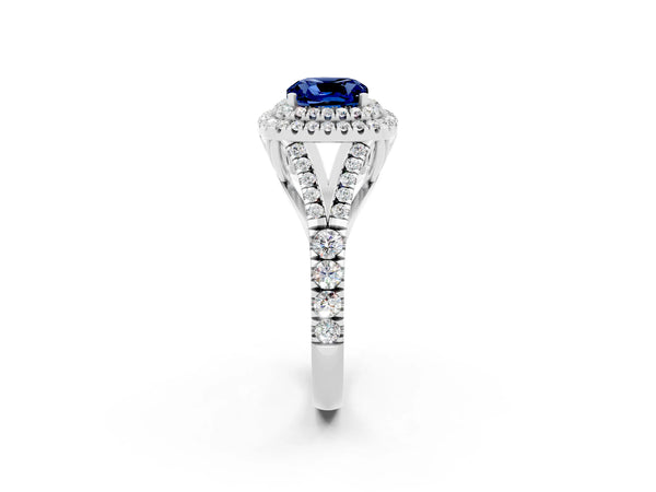 Platinum Cushion Cut Blue Sapphire Pavé Split Shank Double Halo Engagement Ring
