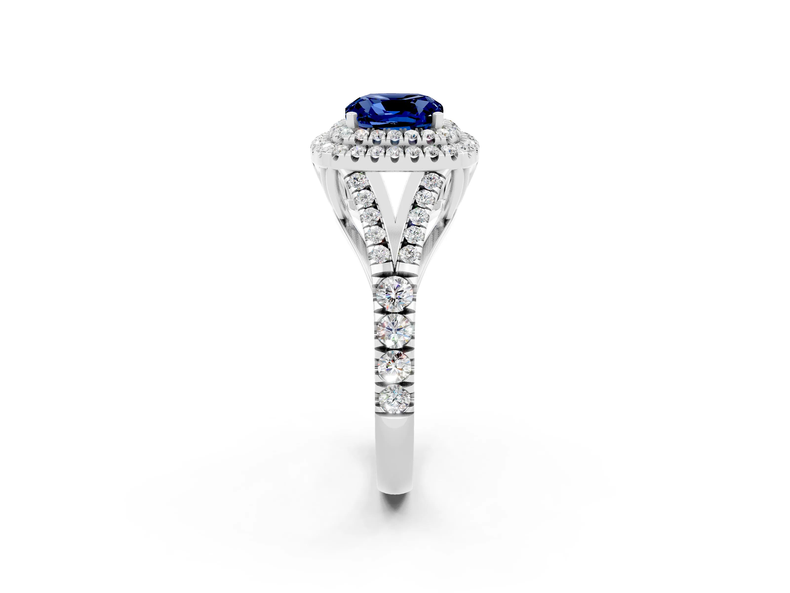 White gold Cushion Cut Blue Sapphire Pavé Split Shank Double Halo Engagement Ring_2