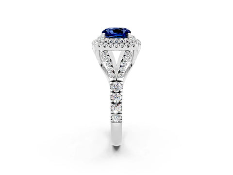 White gold Cushion Cut Blue Sapphire Pavé Split Shank Double Halo Engagement Ring_2