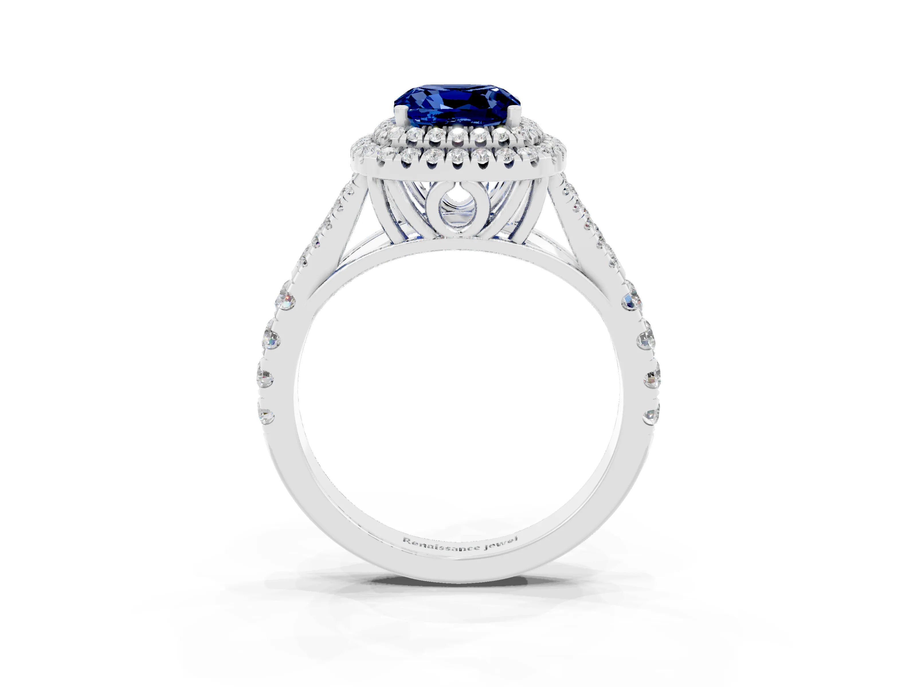 White gold Cushion Cut Blue Sapphire Pavé Split Shank Double Halo Engagement Ring_3